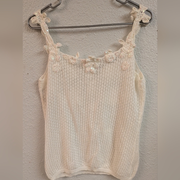 90s Crochet Sequin Cream Floral Top - Picture 6 of 8